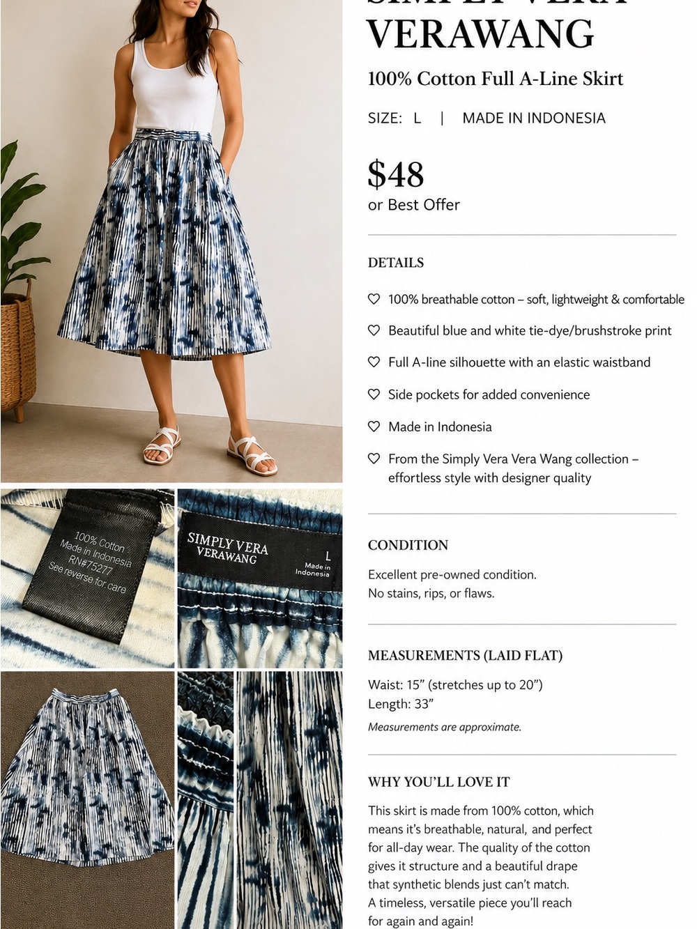 Simply Vera Vera Wang 100% Cotton‎ Blue Tie Dye A-Line Midi Skirt Size Large